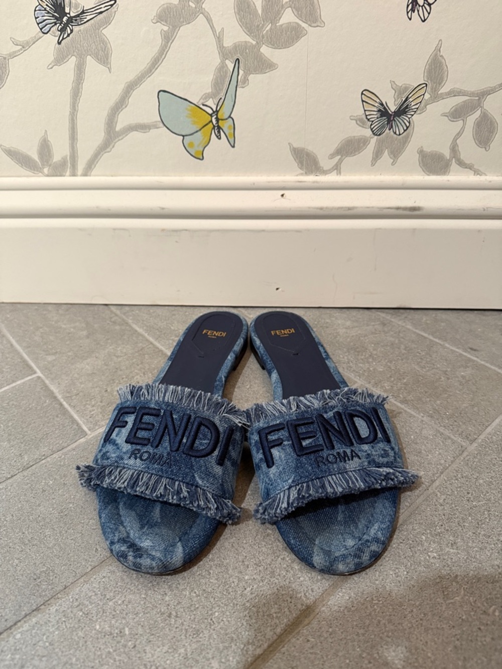 Fendi Denim Fringed Logo Slide Sandals - Navy Blue size 39